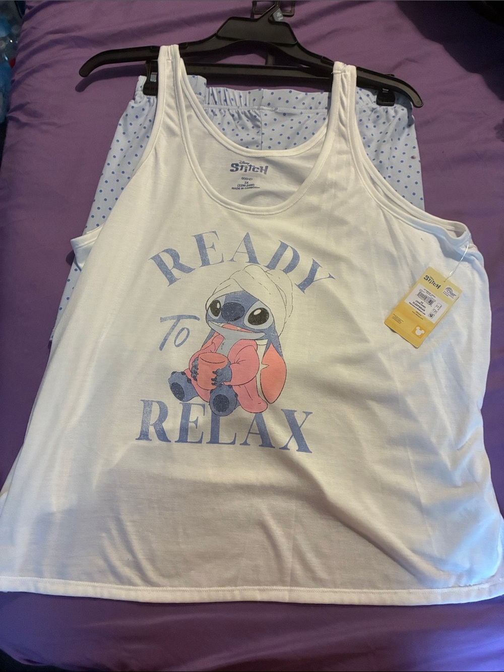 Disney White Tank and Light Blue Polka Dot Pajama Set with Stitch